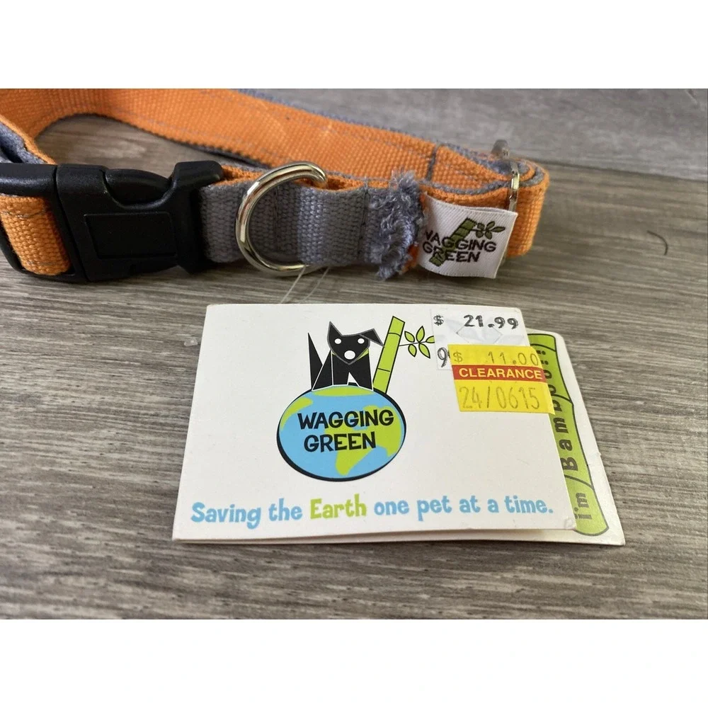 Wagging‎ Green Eco Hip Bamboo Dog Collar Medium Orange Grey 3/4